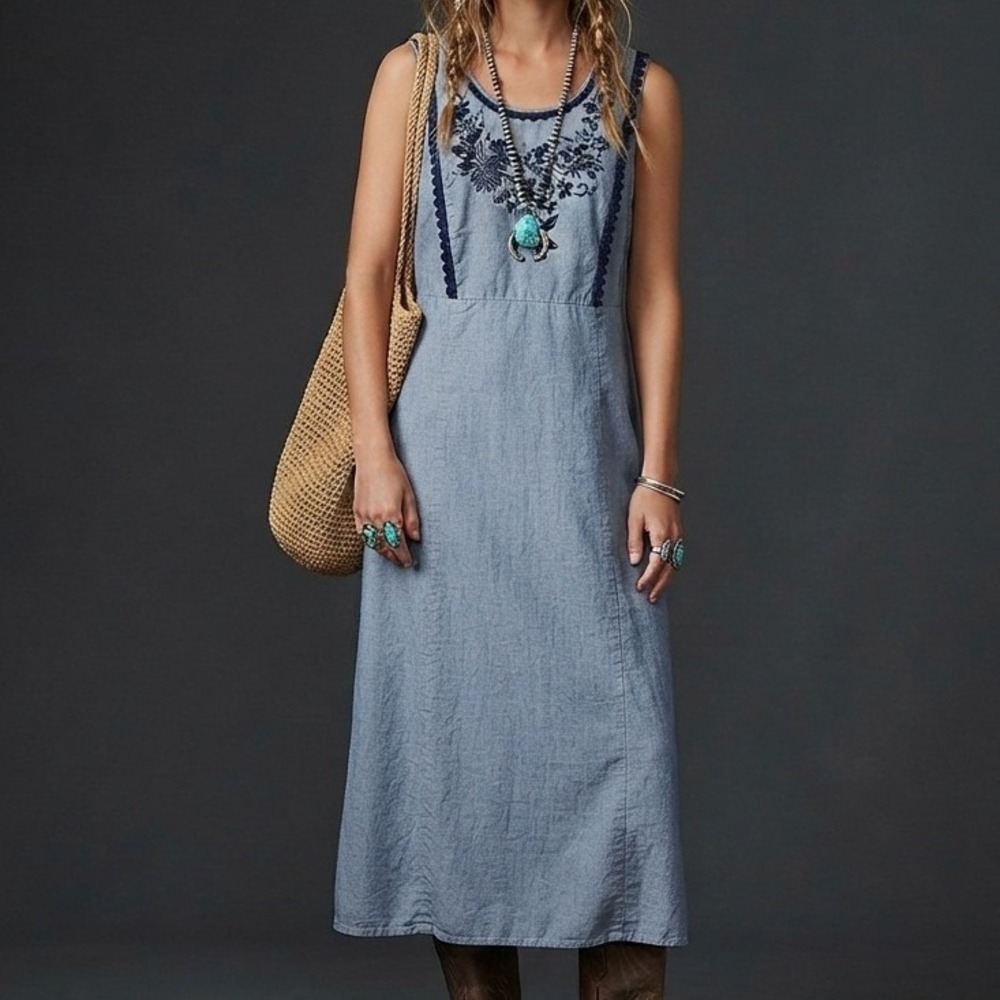 Roamans Dress Maxi Sleeveless Embroidered Cotton Denim Blue 16W